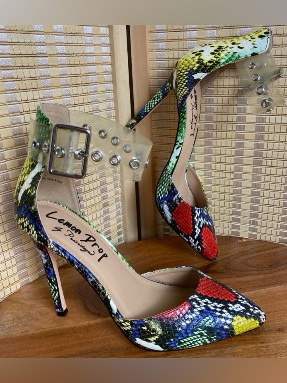 Lemon Drop By Privileged Woman’s 7 Multicolored Snake Print Clear Ankle Straps